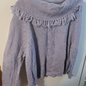 Fringed Cowl-Neck Cable Sweater in Lavender